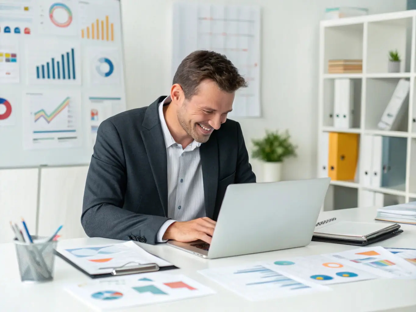 A professional business owner reviewing financial reports with a focused expression, highlighting the importance of accurate bookkeeping for real-time visibility and financial clarity.