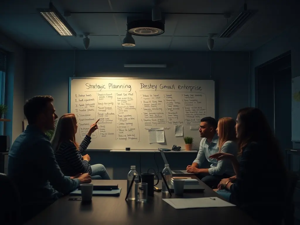 A dynamic business coach leading a strategic planning session with a team, emphasizing vision setting, financial planning, and leadership development.