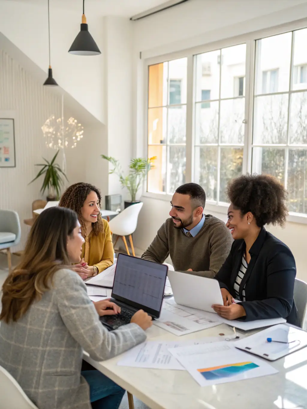 A professional image showcasing a diverse team working collaboratively on financial documents and strategic plans, symbolizing comprehensive financial services.