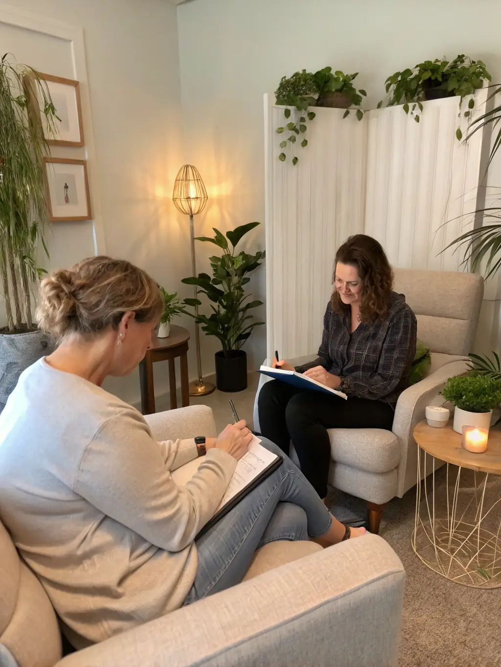 An image of a leadership coach engaging with a client in a one-on-one session, in a bright and professional office, symbolizing guidance and empowerment.
